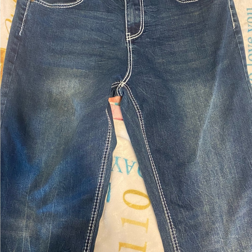 Dark Blue Boot Cut Jeans with Contrast Stitching